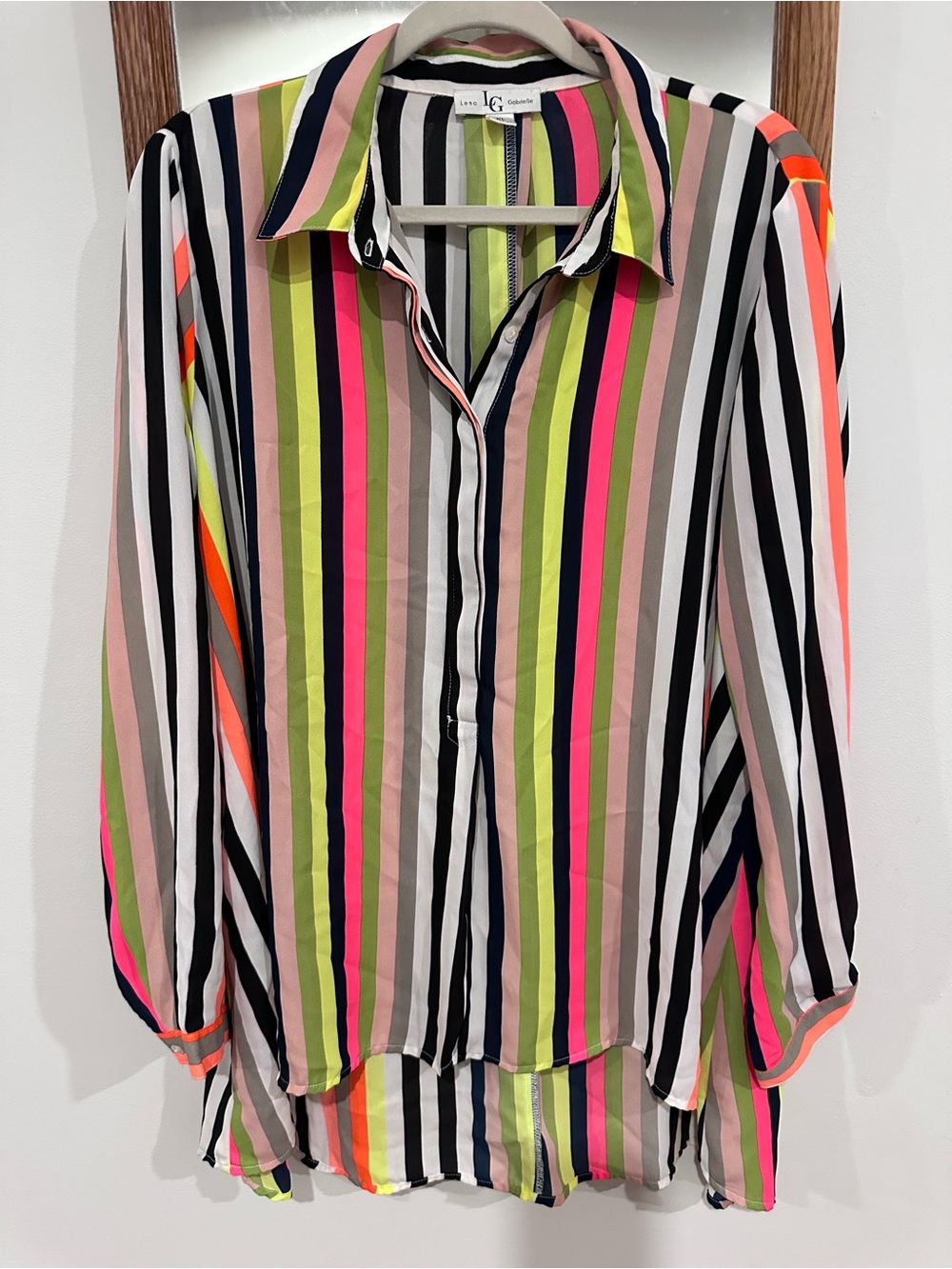 Oversized Hi-Lo Flowy Blouse with Bright Stripes Lauren Conrad Button-Down